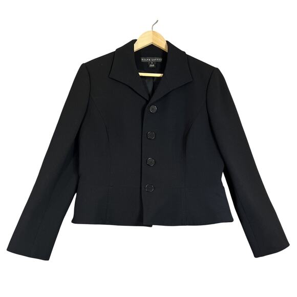 Ralph Lauren Black Label Blazer Women 12 Black Wool Short Peplum 4 Button Career - Picture 1 of 14